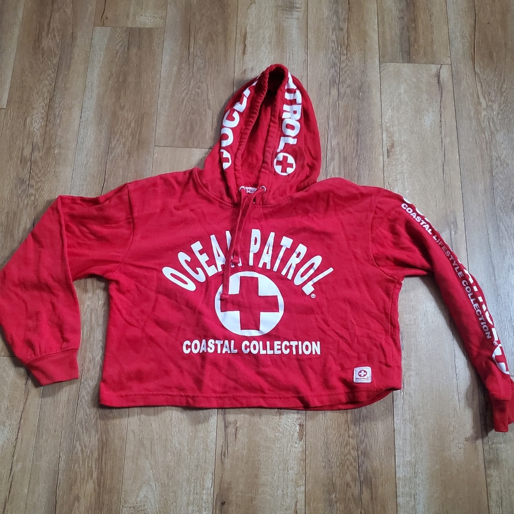 Ocean Patrol Red Hoodie Sweatshirt Cropped Size L Drawstring Coastal Collection